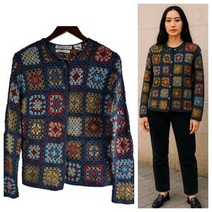 Vtg David Brooks Cardigan Sweater Sz Large Granny Square Crochet SILK Vibrant